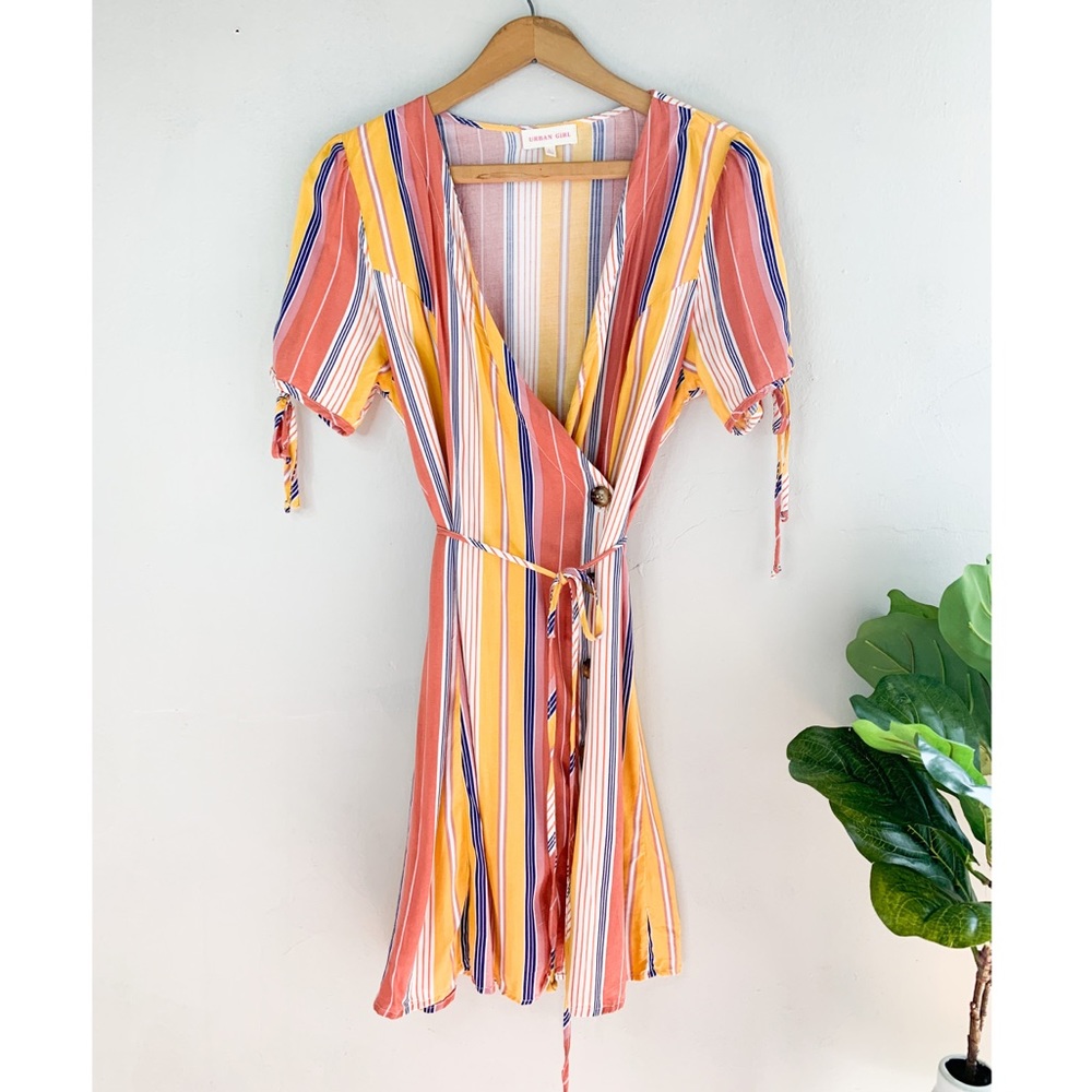 Urban Girl Striped Tied Button Wrap Dress Sz L